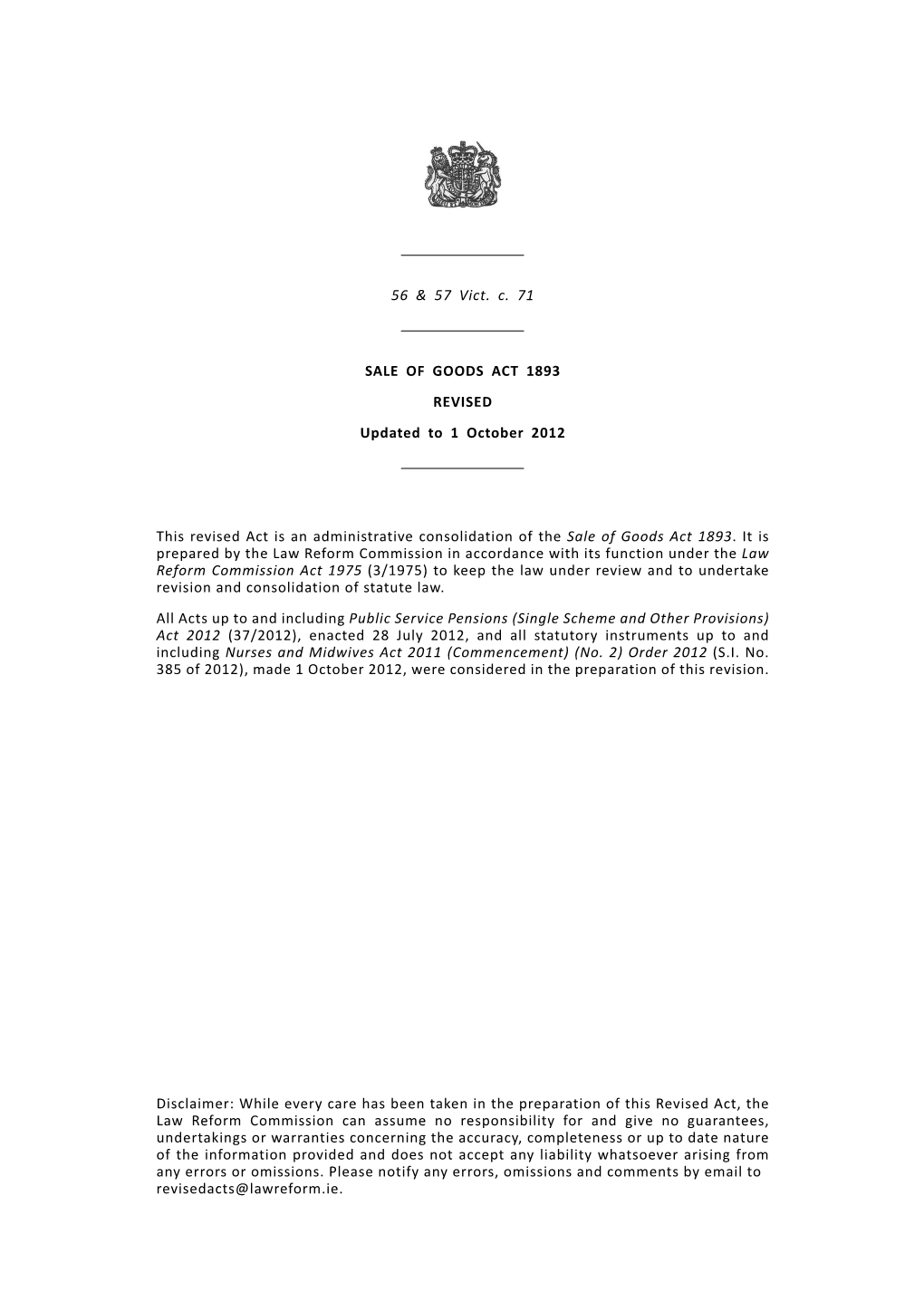 SALE of GOODS ACT 1893 REVISED Updated to 1 October 2012