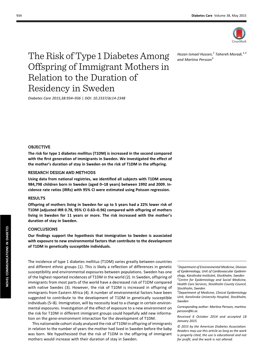 The Risk of Type 1 Diabetes Among Offspring of Immigrant Mothers In