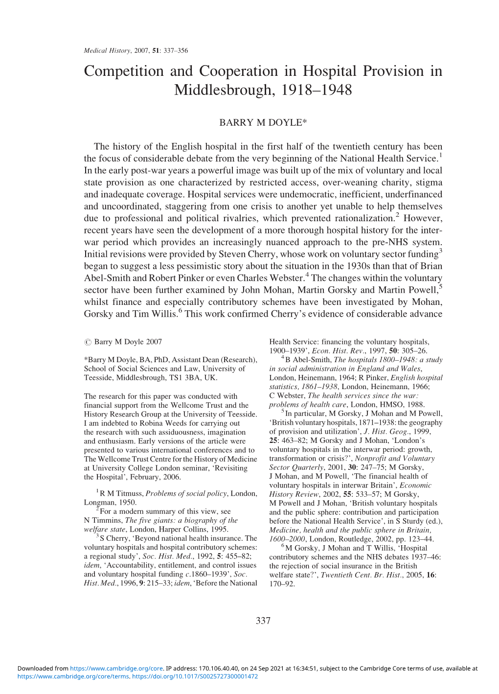 Competition and Cooperation in Hospital Provision in Middlesbrough, 1918–1948