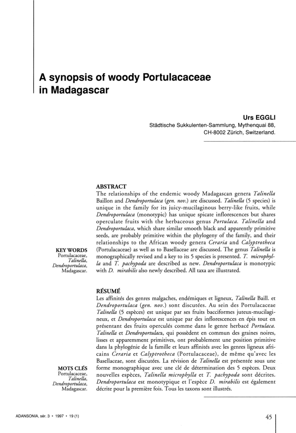 A Synopsis of Woody Portulacaceae in Madagascar