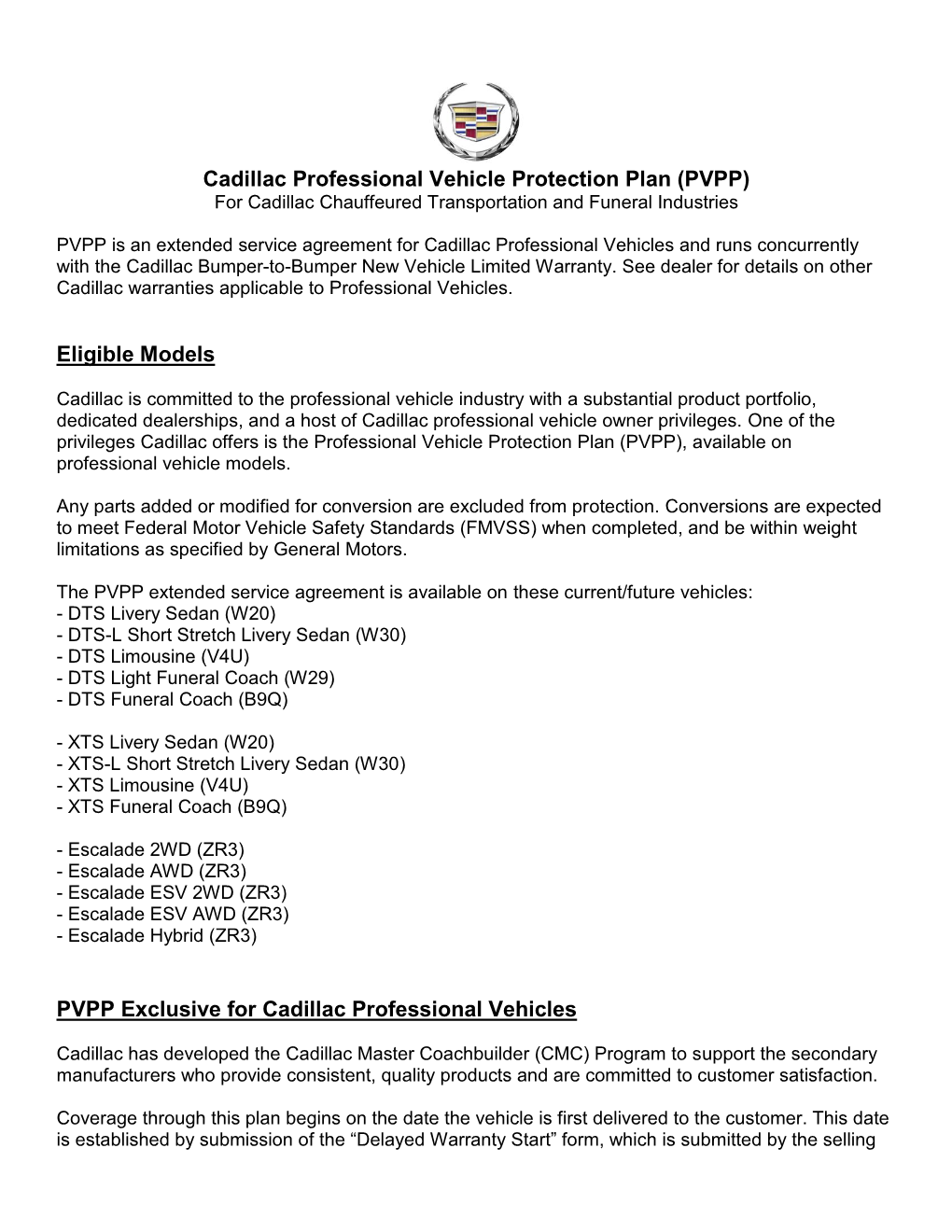 Cadillac Professional Vehicles Warranty