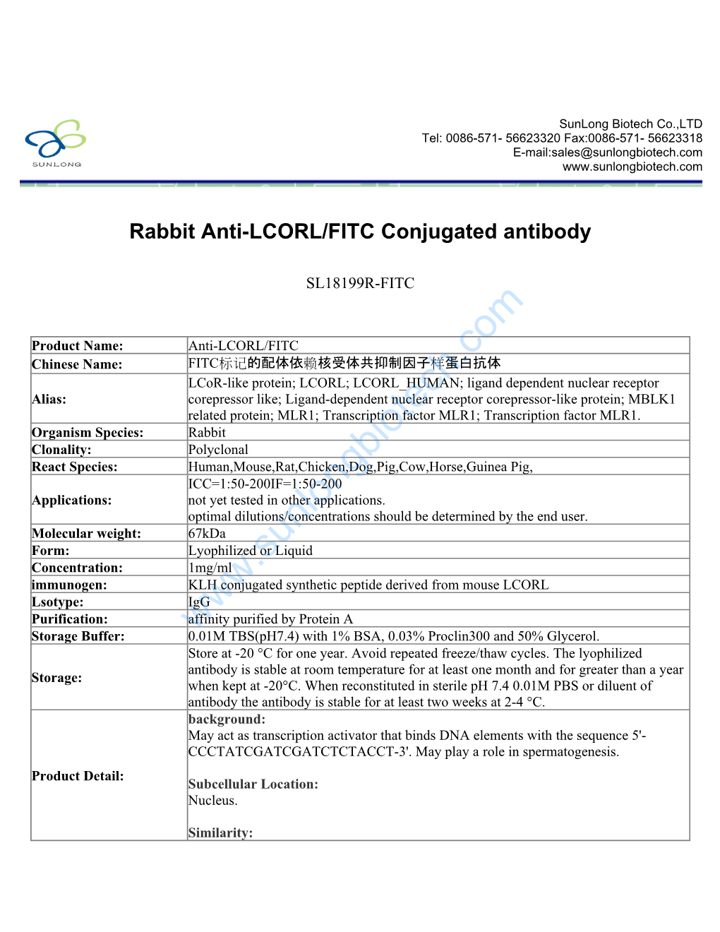 Rabbit Anti-LCORL/FITC Conjugated Antibody-SL18199R-FITC