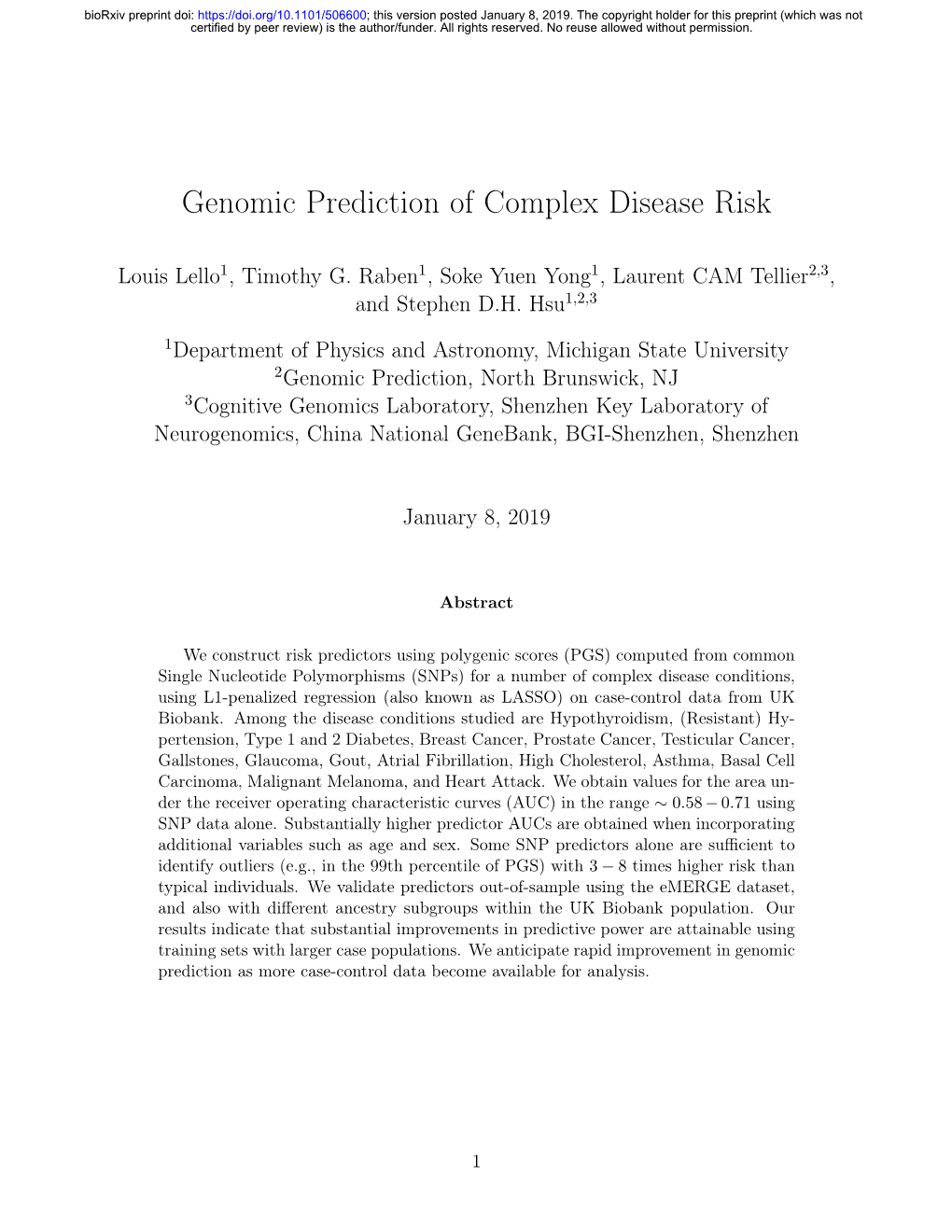 Genomic Prediction of Complex Disease Risk