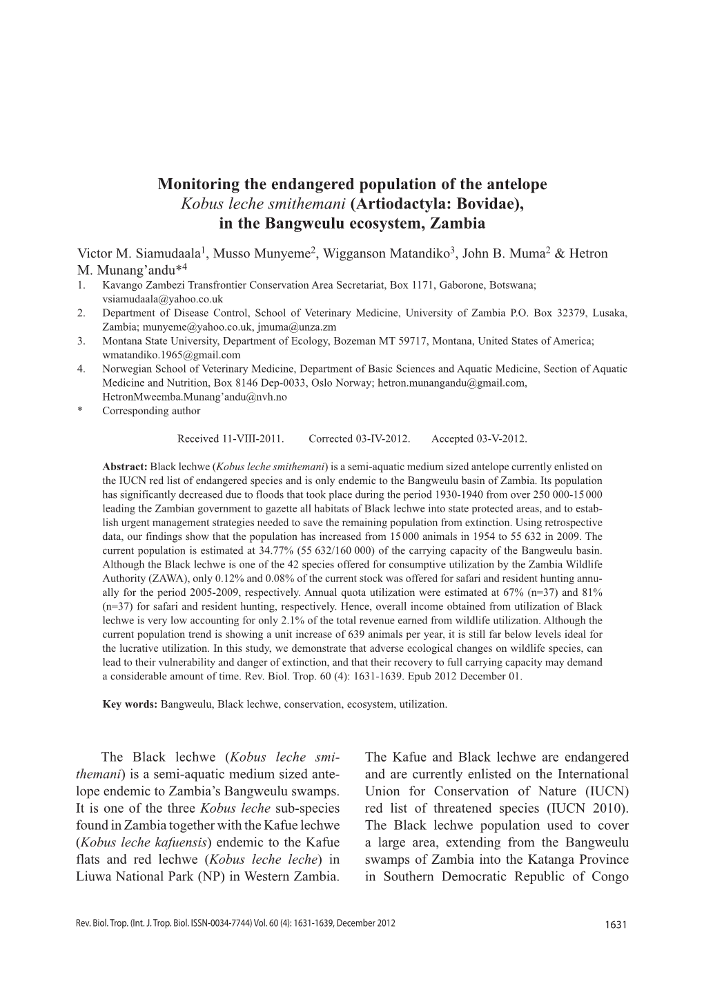 Monitoring the Endangered Population of the Antelope Kobus Leche Smithemani (Artiodactyla: Bovidae), in the Bangweulu Ecosystem, Zambia