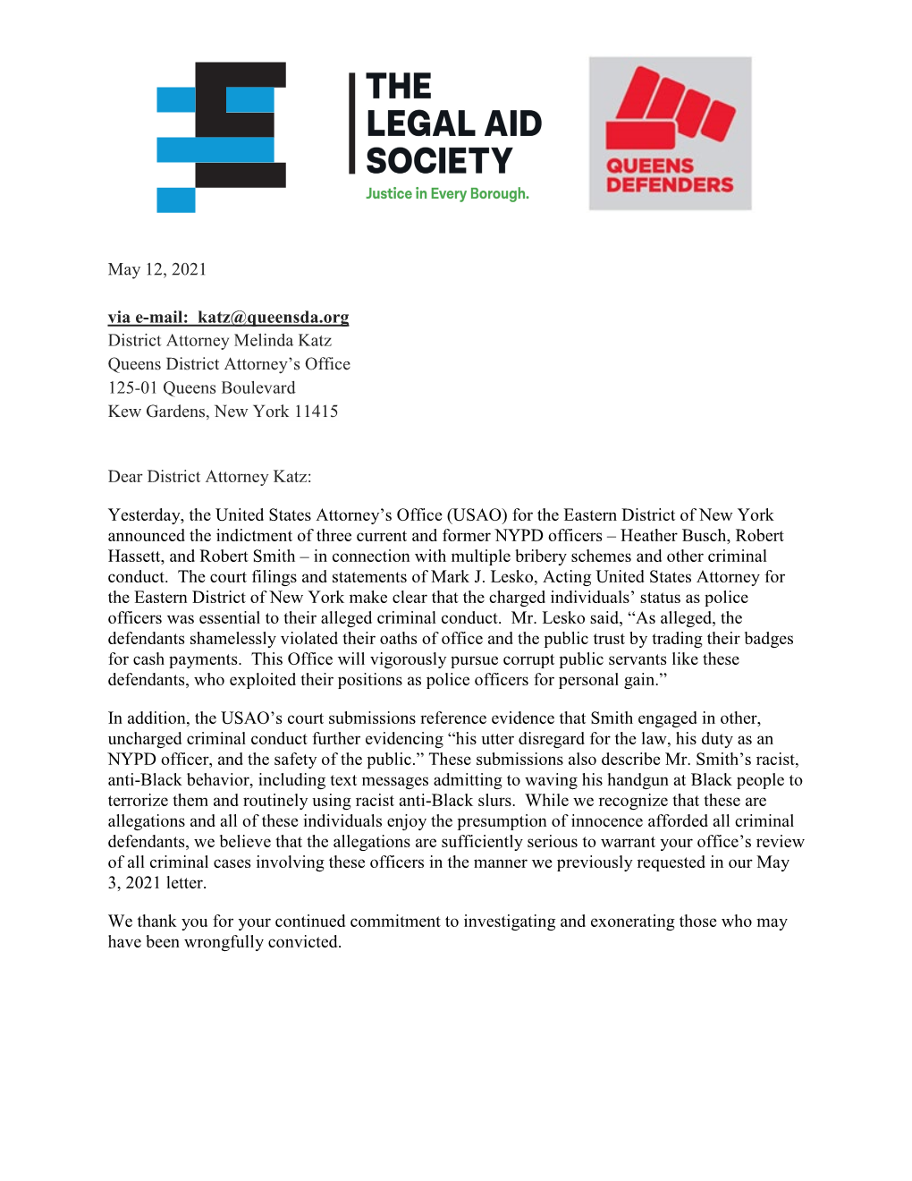 Katz@Queensda.Org District Attorney Melinda Katz Queens District Attorney’S Office 125-01 Queens Boulevard Kew Gardens, New York 11415