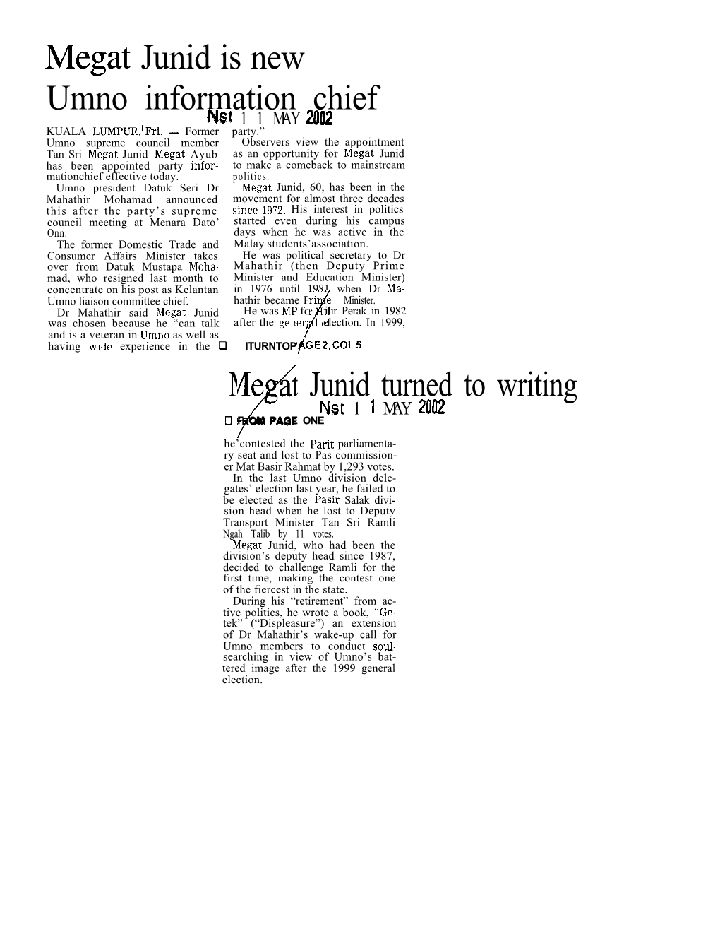 Megat Junid Is New Umno Information Chief (NST 11/05/2002)