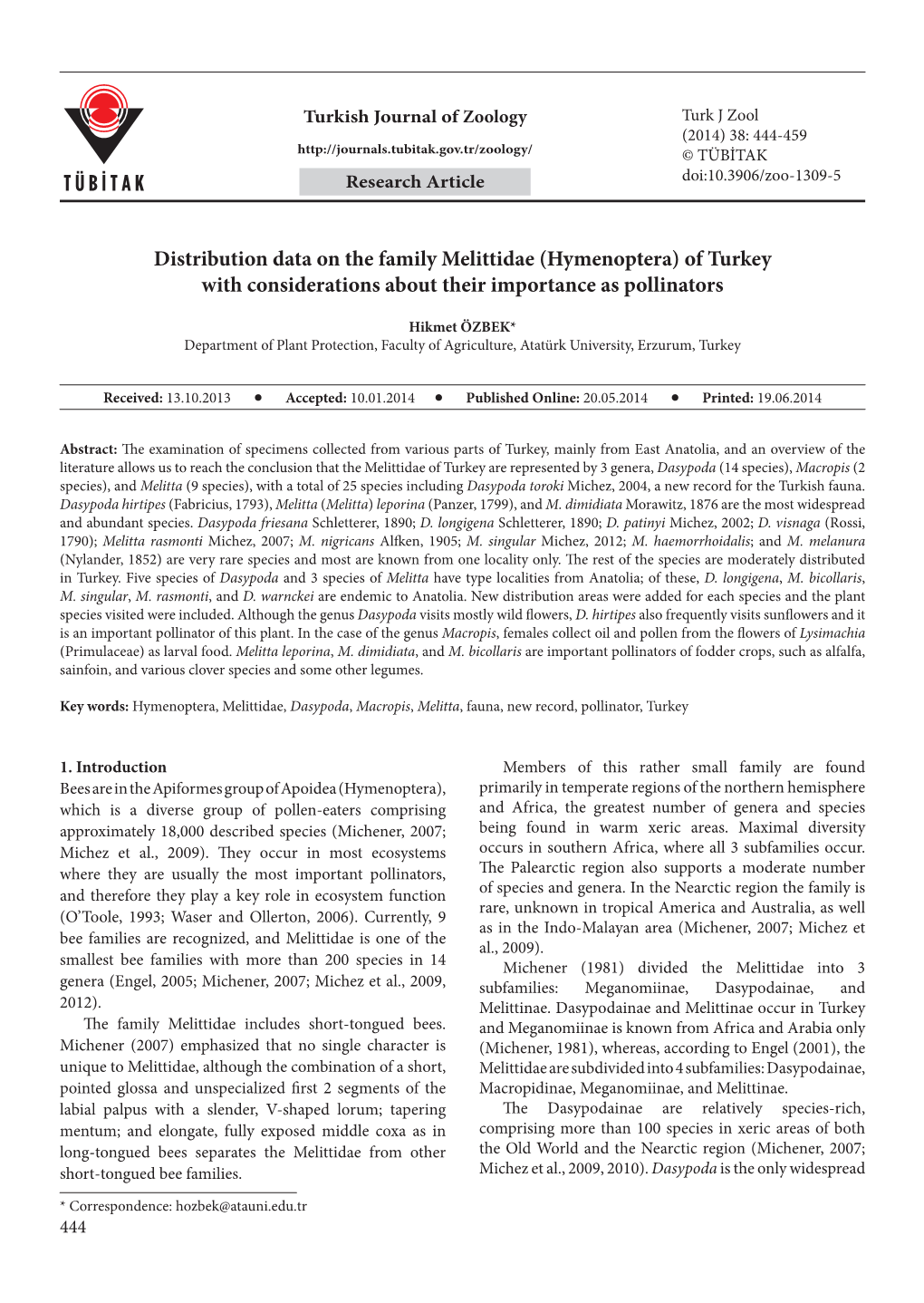 Distribution Data on the Family Melittidae (Hymenoptera) of Turkey with Considerations About Their Importance As Pollinators