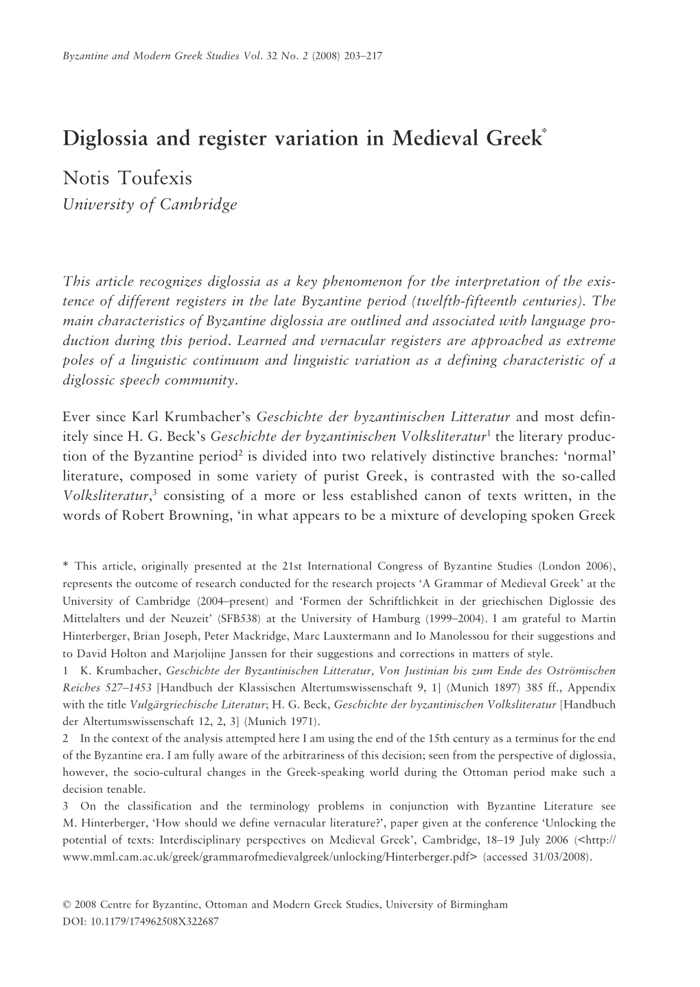 Diglossia and Register Variation in Medieval Greek* Notis Toufexis University of Cambridge