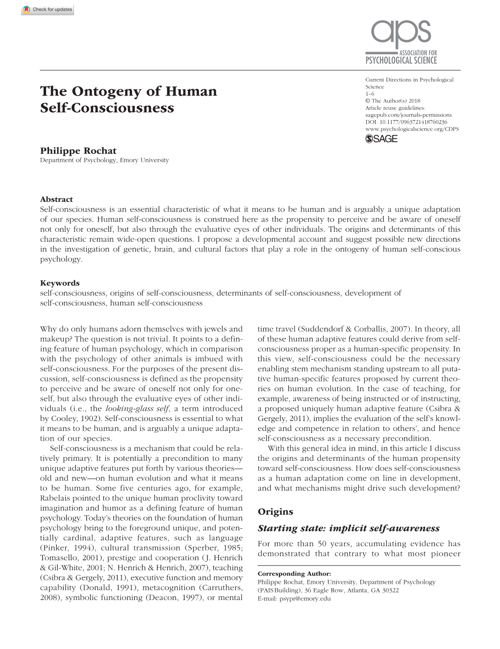 The Ontogeny of Human Self-Consciousness Research-Article7602362018