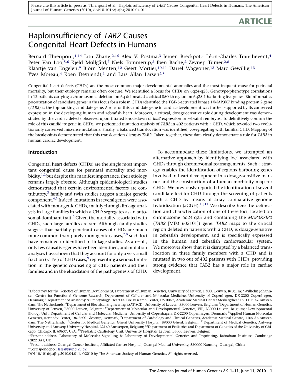 Haploinsufficiency of TAB2 Causes Congenital Heart