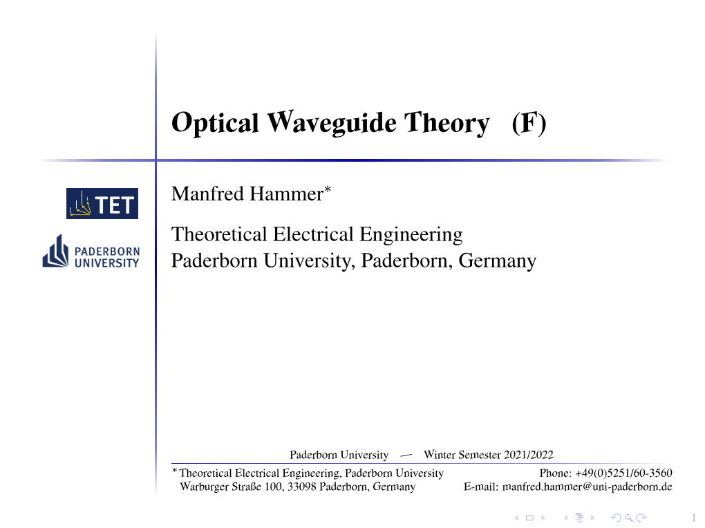 Optical Waveguide Theory (F)