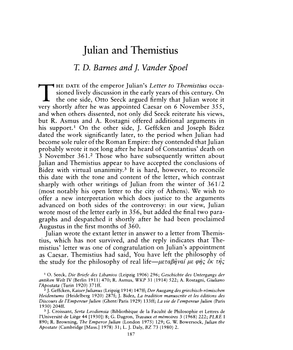 Julian and Themistius , Greek, Roman and Byzantine Studies, 22:2 (1981:Summer) P.187