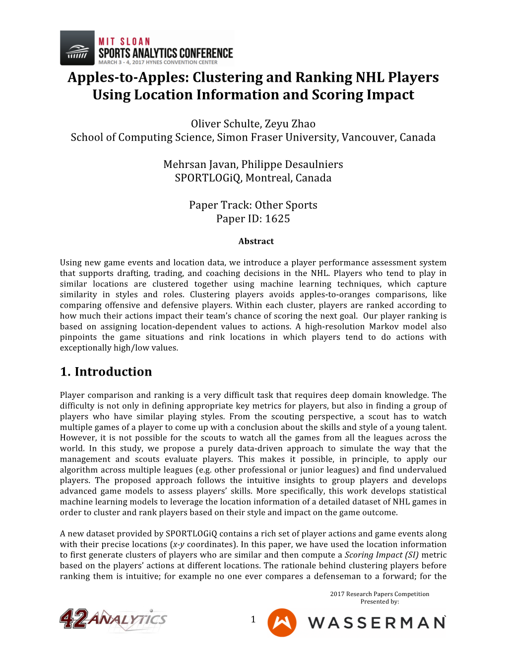 Clustering and Ranking NHL Players Using Location Information and Scoring Impact