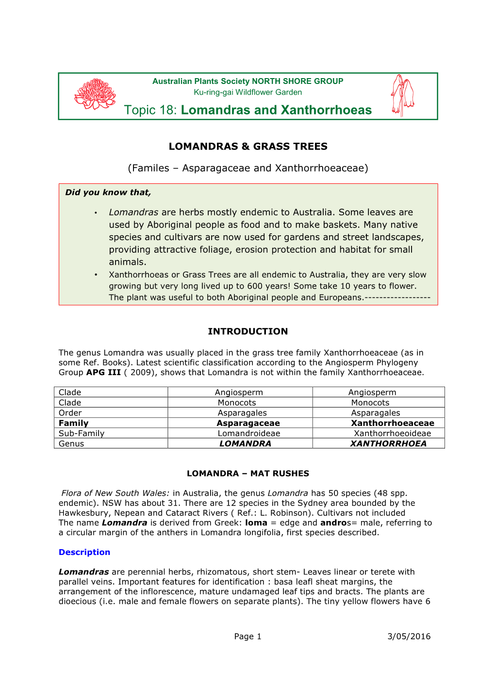 Topic 18 Lomandras and Xanthorrhoeas 2016