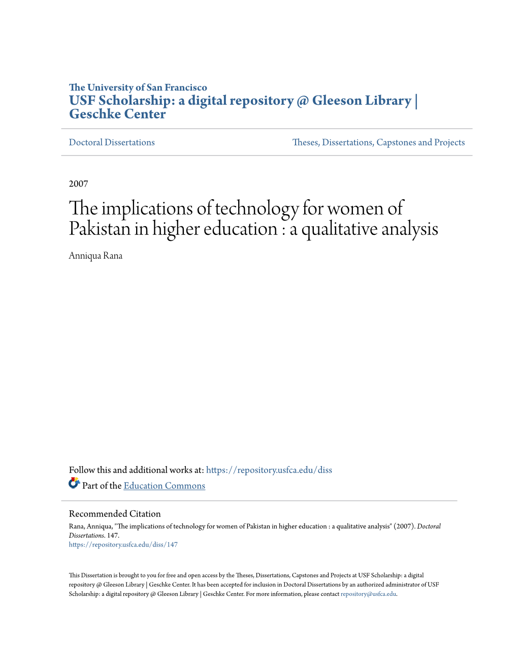 The Implications of Technology for Women of Pakistan in Higher Education : a Qualitative Analysis Anniqua Rana