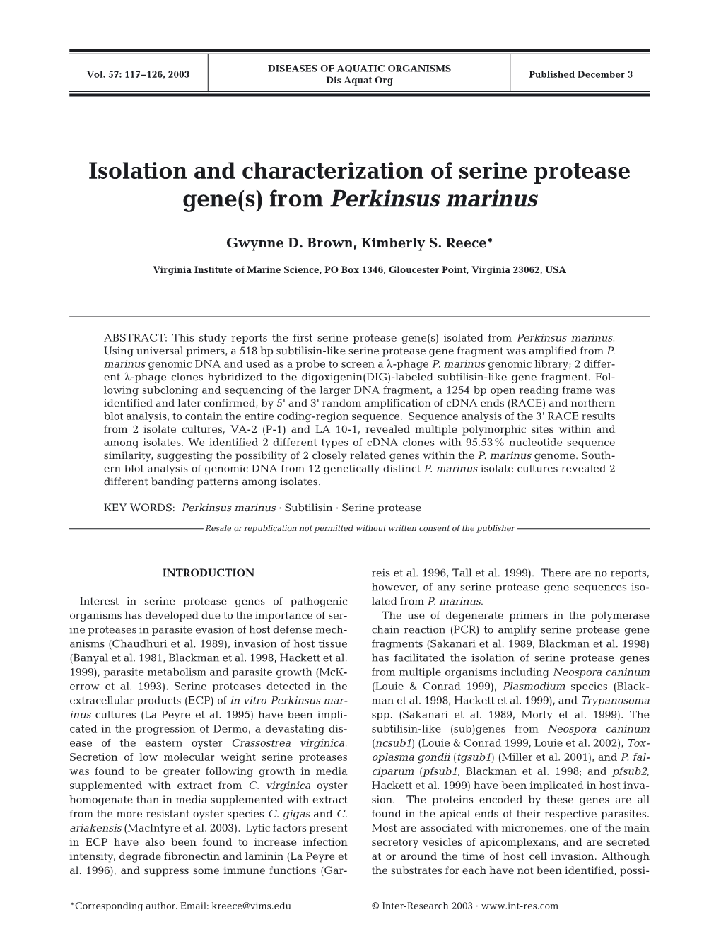 Isolation and Characterization of Serine Protease Gene(S) from Perkinsus Marinus