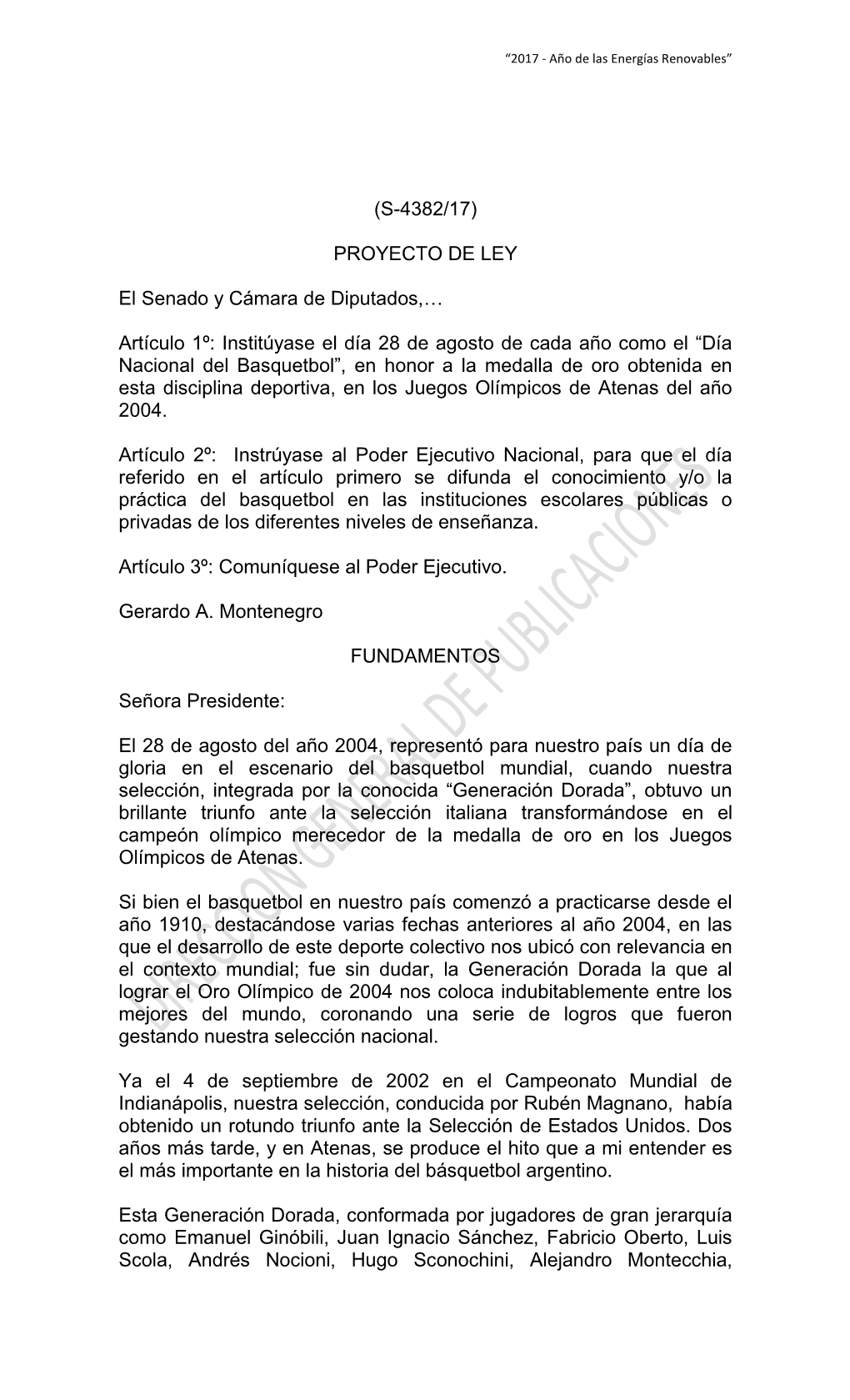 (S-4382/17) PROYECTO DE LEY El Senado Y Cámara De Diputados