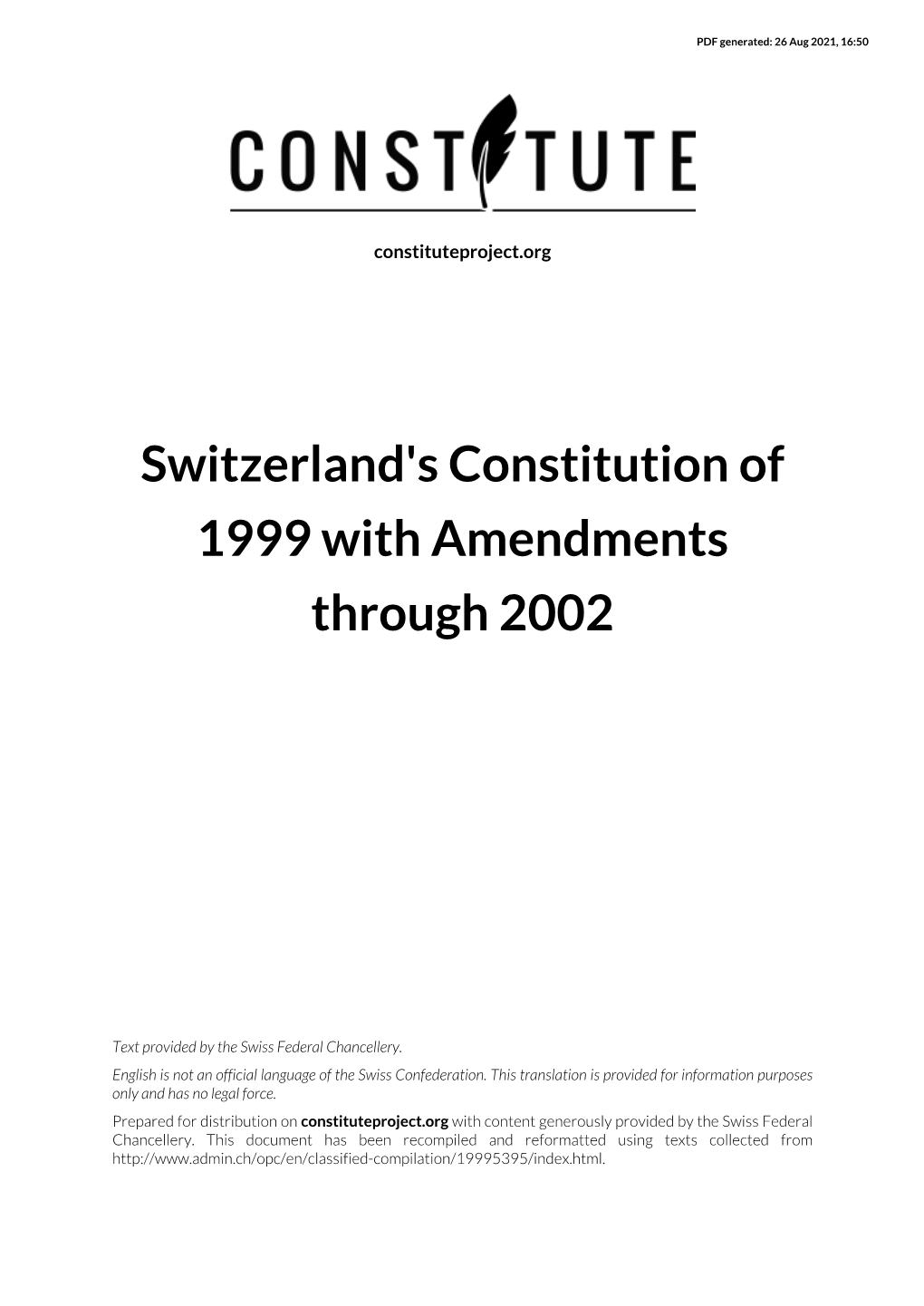 Switzerland's Constitution of 1999 with Amendments Through 2002