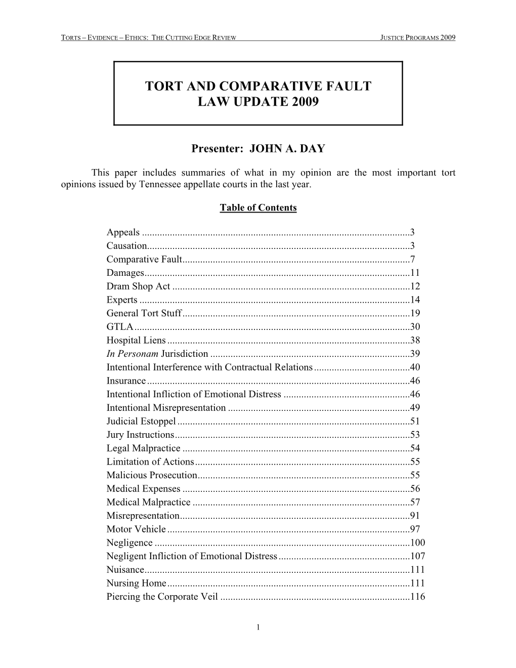 Tort and Comparative Fault Law Update 2009