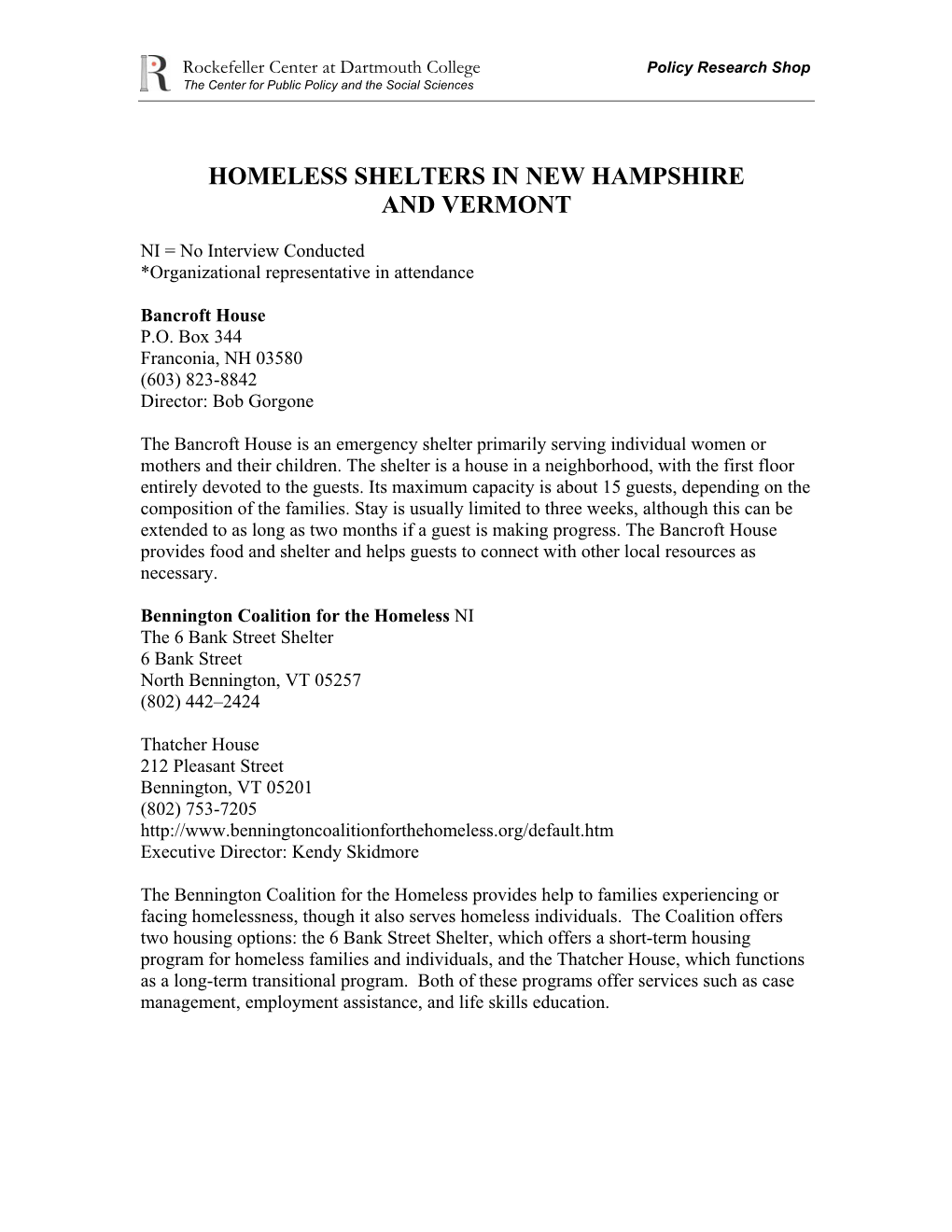 Homeless Shelters in New Hampshire and Vermont