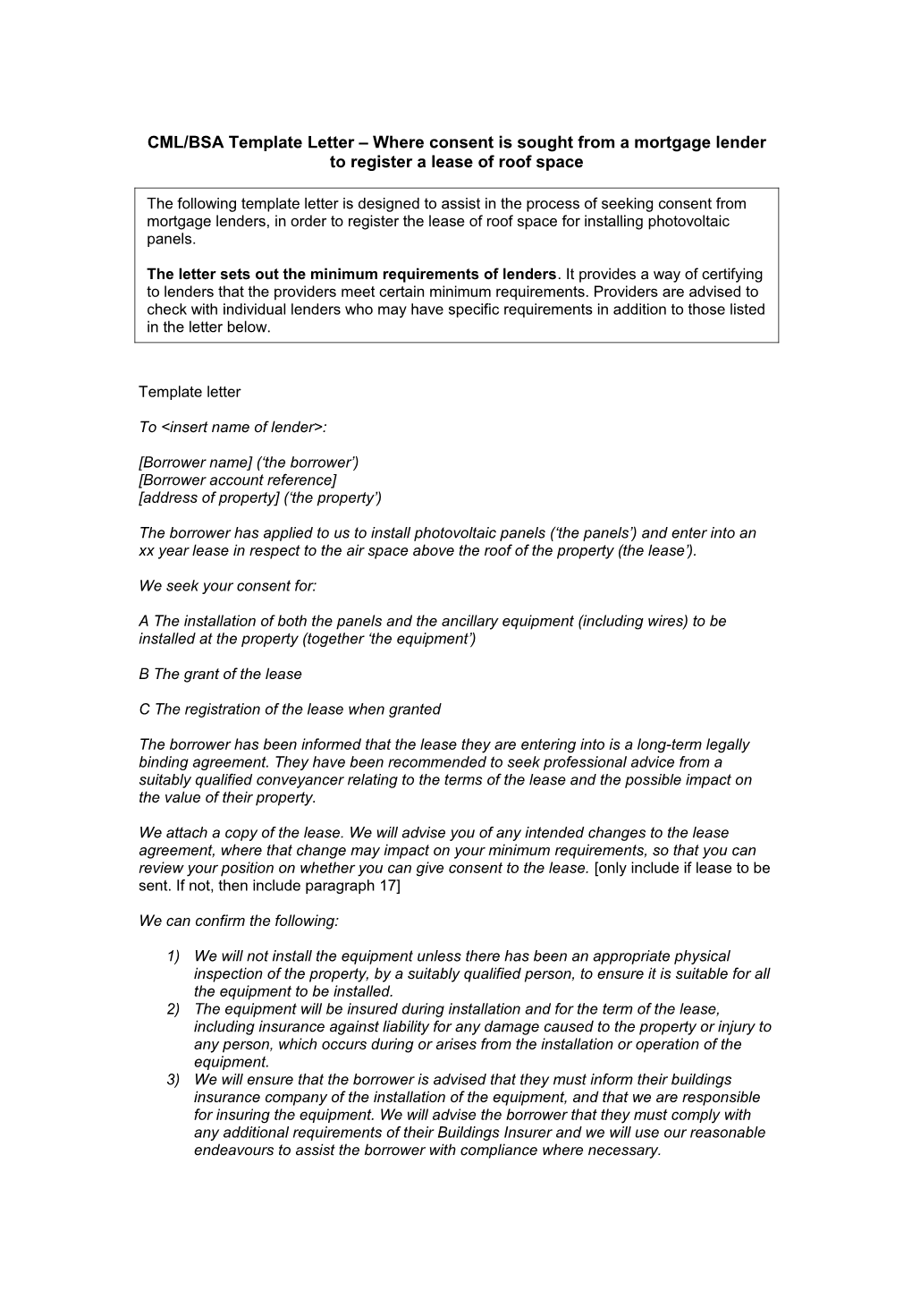 CML/BSA Template Letter Where Consent Is Sought from a Mortgage Lender to Register a Lease