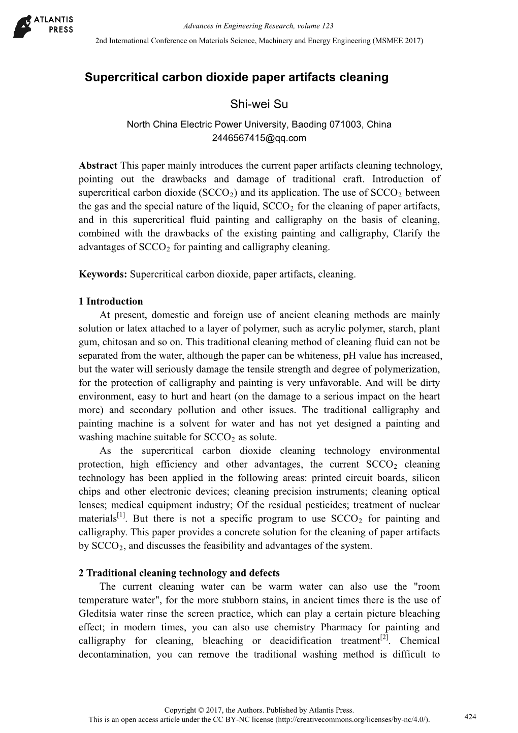 Supercritical Carbon Dioxide Paper Artifacts Cleaning Shi-Wei Su