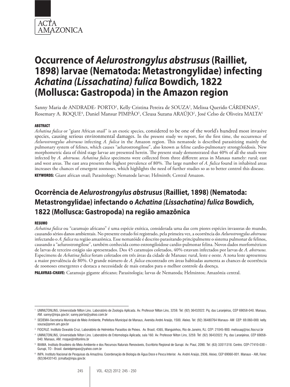 Occurrence of Aelurostrongylus Abstrusus(Railliet, 1898