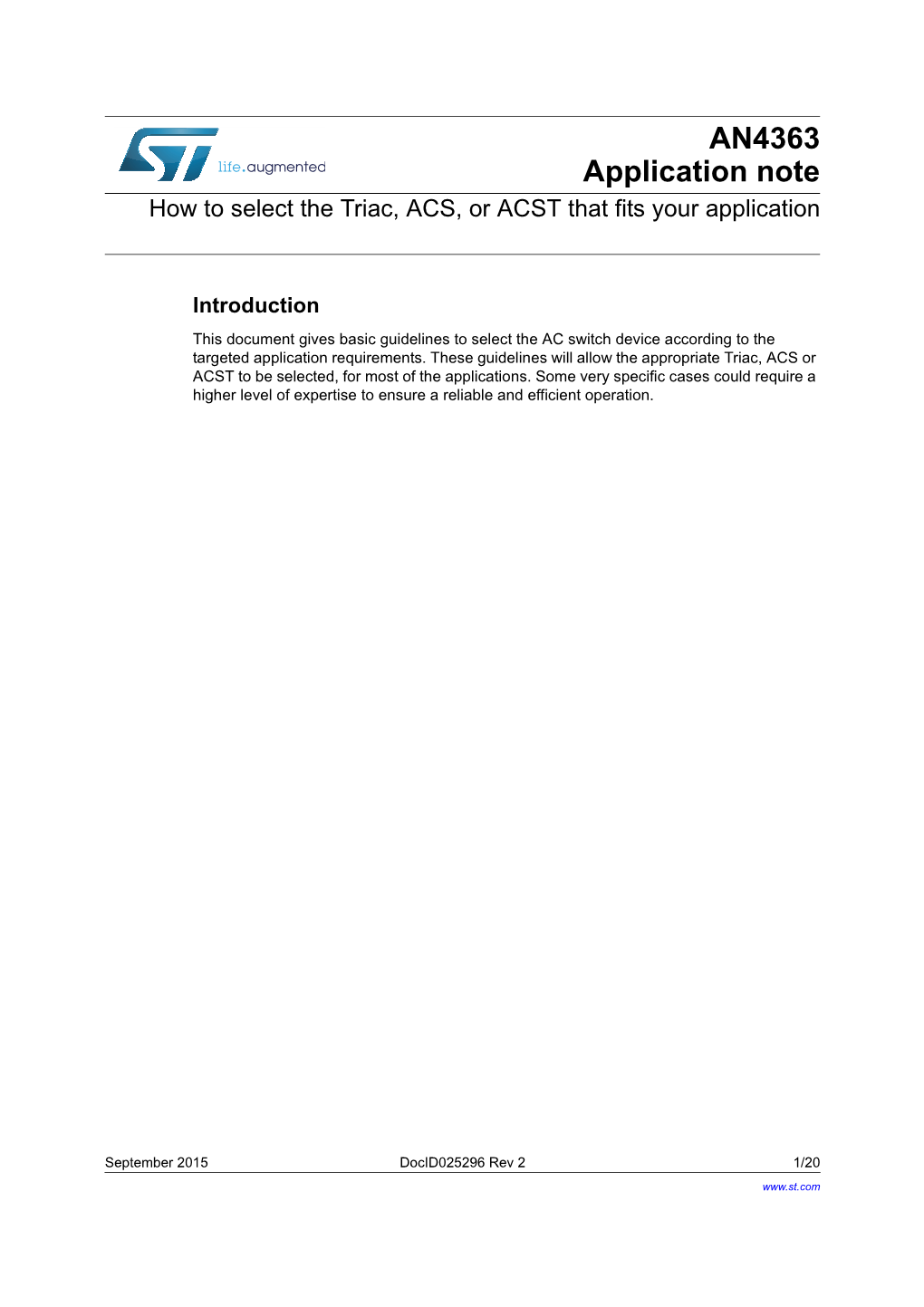 AN4363 Application Note How to Select the Triac, ACS, Or ACST That Fits Your Application