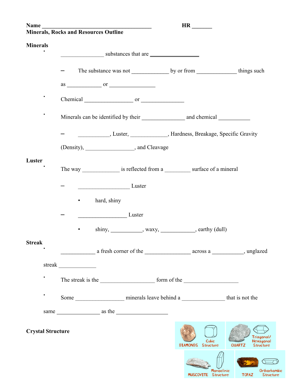 Minerals, Rocks and Resources Outline