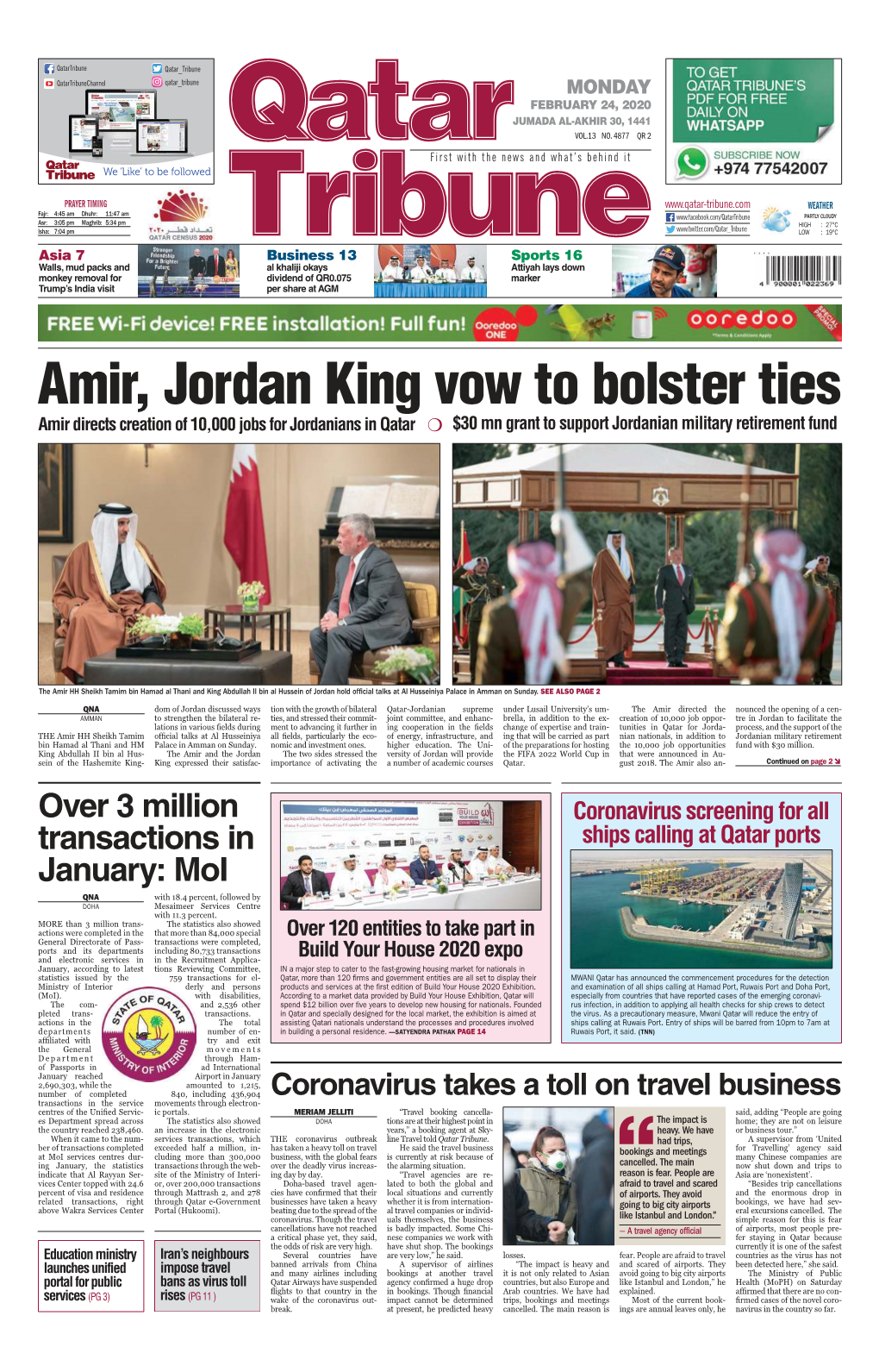 Amir, Jordan King Vow to Bolster Ties Amir Directs Creation of 10,000 Jobs for Jordanians in Qatar $30 Mn Grant to Support Jordanian Military Retirement Fund
