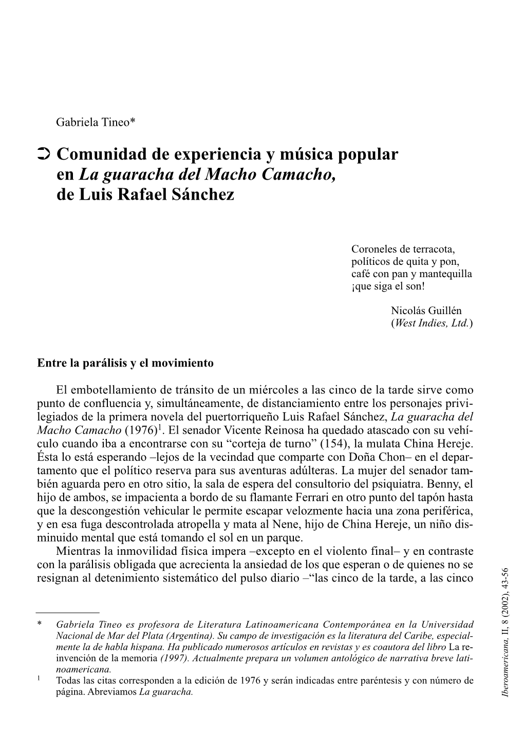 Comunidad De Experiencia Y Música Popular En La Guaracha Del Macho Camacho, De Luis Rafael Sánchez