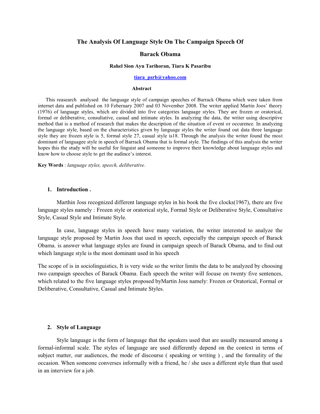 The Analysis of Language Style on the Campaign Speech of Barack Obama