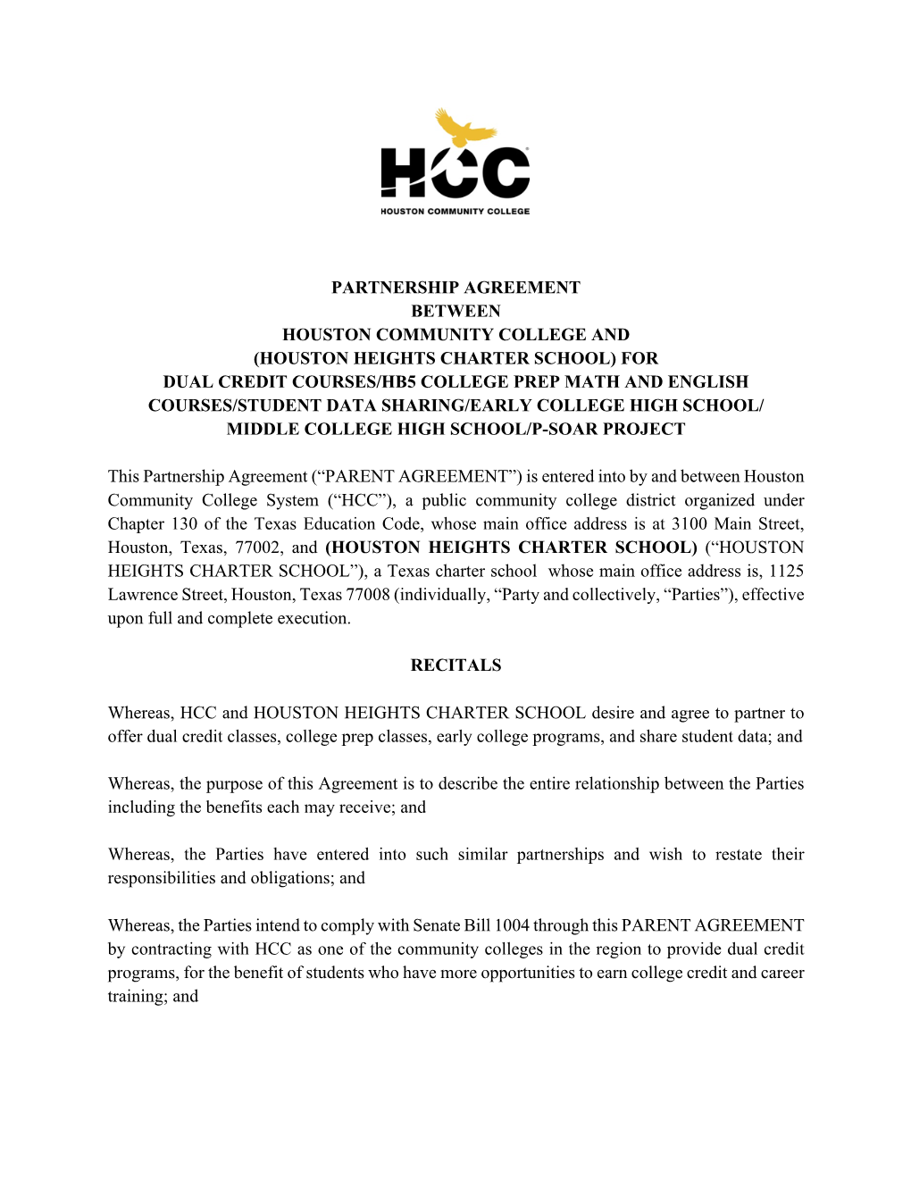 Houston Heights Charter HCC Dual Credit MOU 2019-2020
