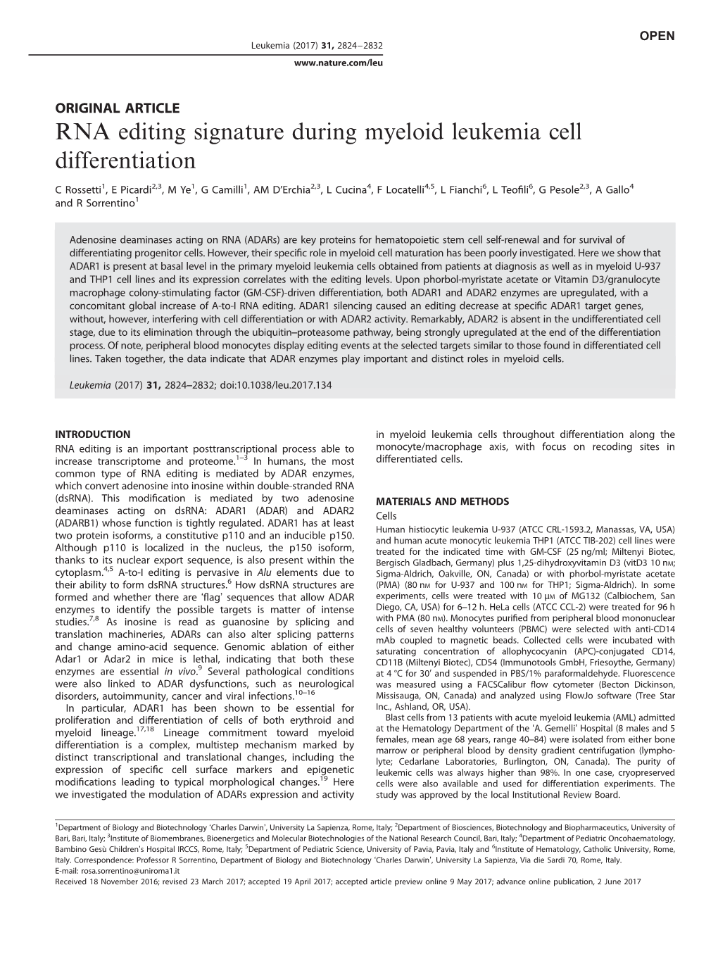 RNA Editing Signature During Myeloid Leukemia Cell Differentiation