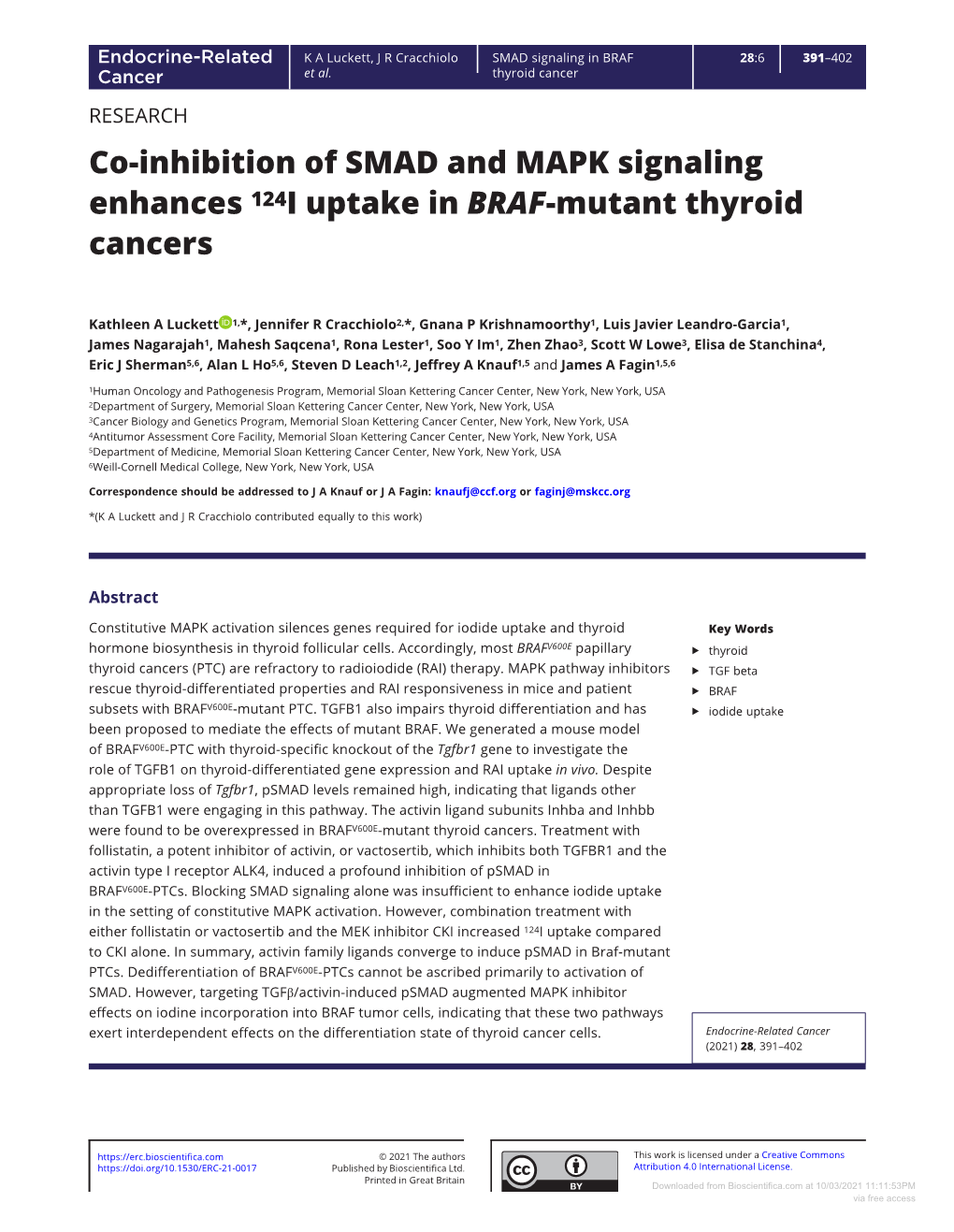 Co-Inhibition of SMAD and MAPK Signaling Enhances 124I Uptake in BRAF-Mutant Thyroid Cancers