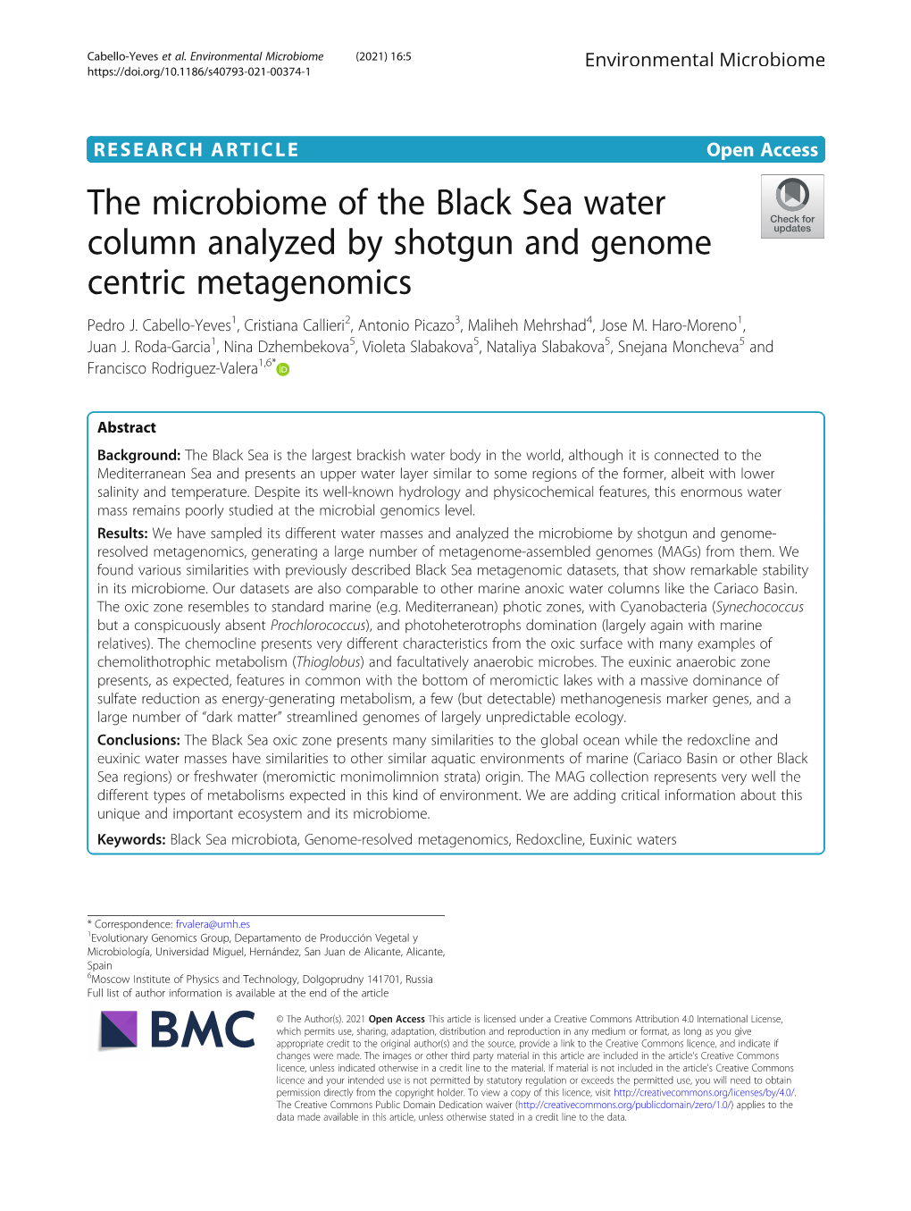 The Microbiome of the Black Sea Water Column Analyzed by Shotgun and Genome Centric Metagenomics Pedro J