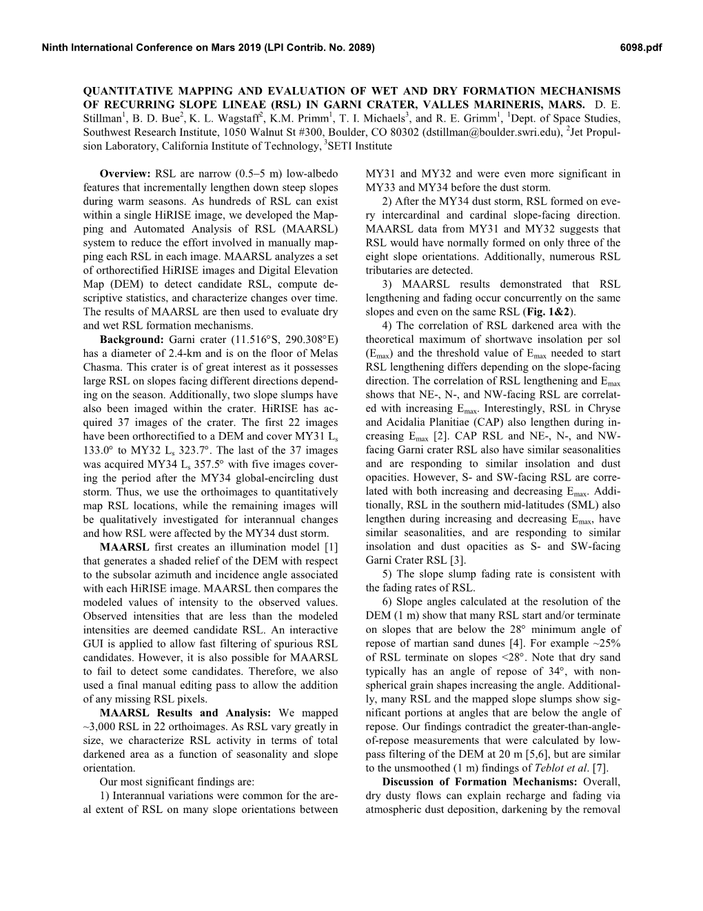 Quantitative Mapping and Evaluation of Wet and Dry Formation Mechanisms of Recurring Slope Lineae (Rsl) in Garni Crater, Valles Marineris, Mars