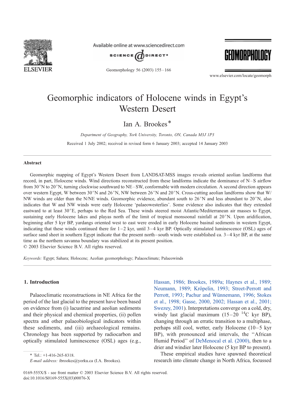 Geomorphic Indicators of Holocene Winds in Egypt's Western Desert