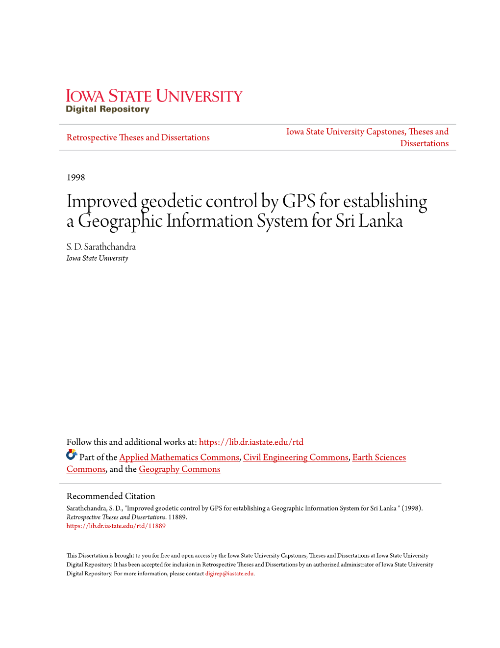 Improved Geodetic Control by GPS for Establishing a Geographic Information System for Sri Lanka S