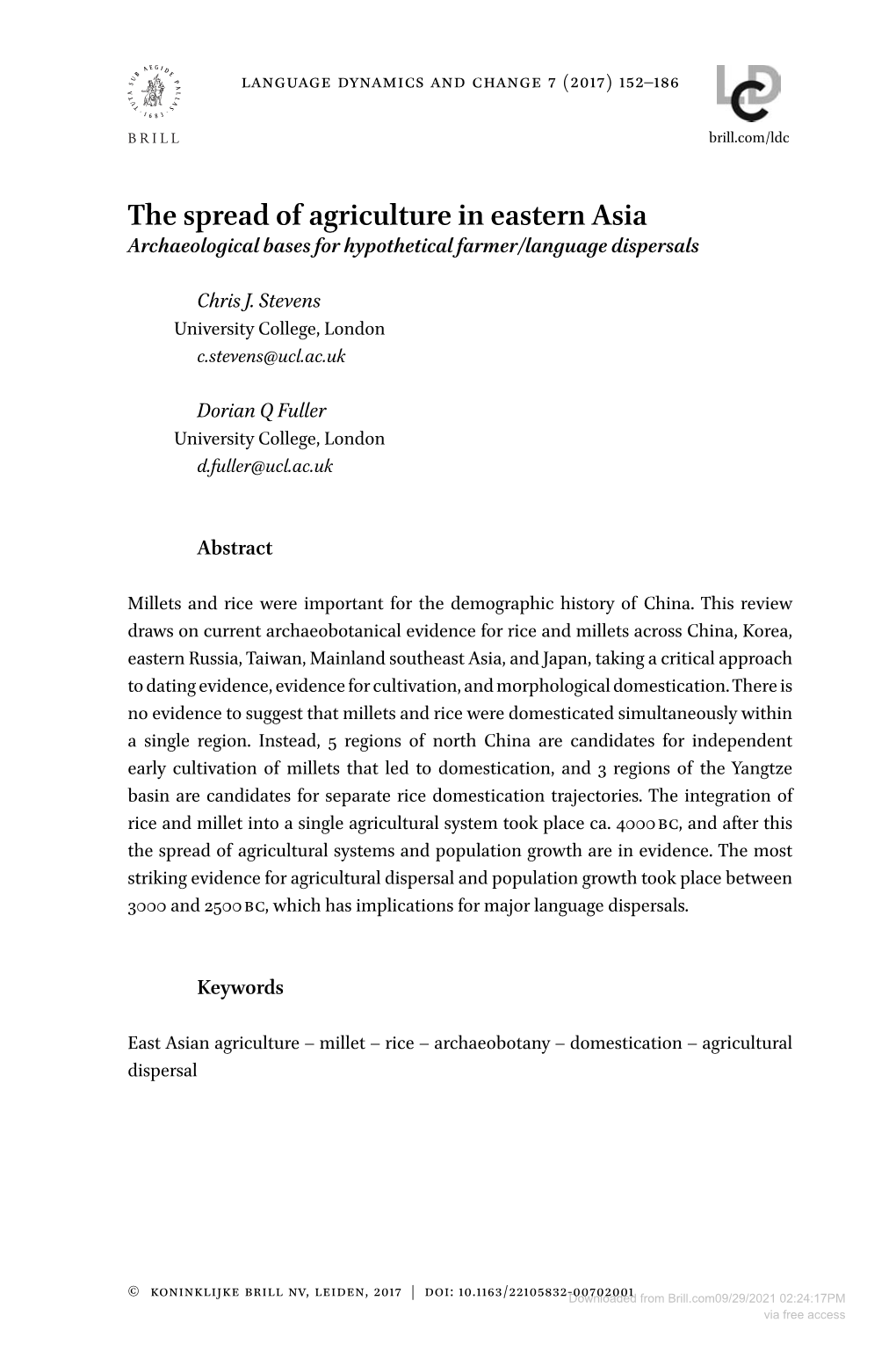 The Spread of Agriculture in Eastern Asia Archaeological Bases for Hypothetical Farmer/Language Dispersals