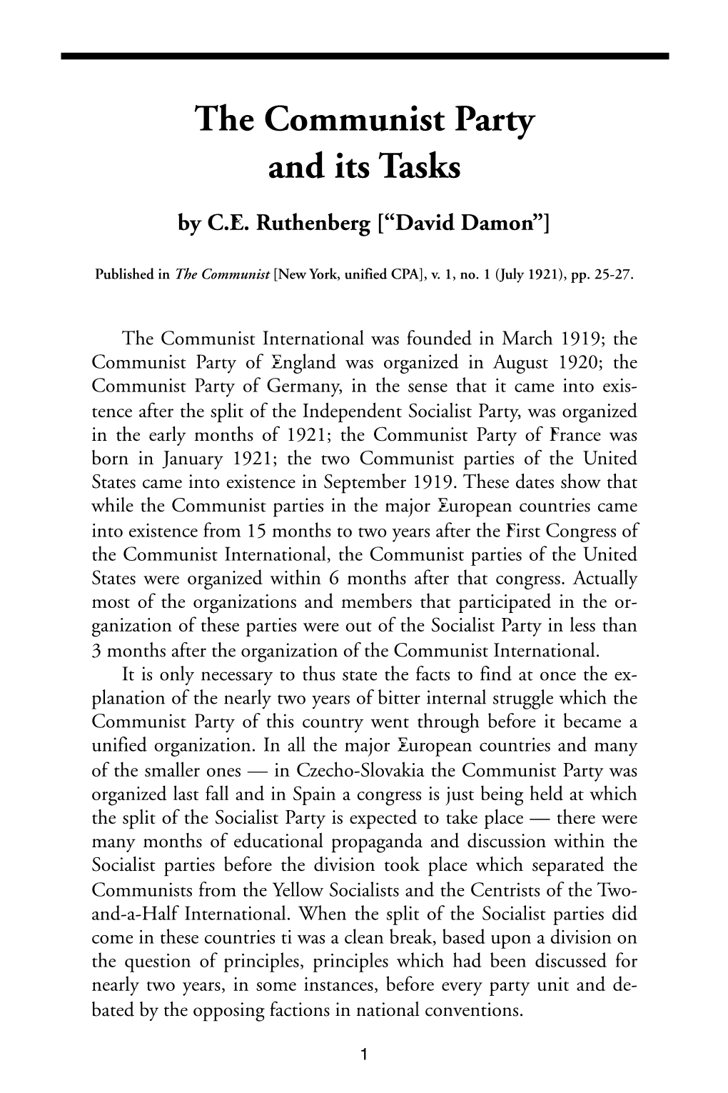 "The Communist Party and Its Tasks," by C.E. Ruthenberg