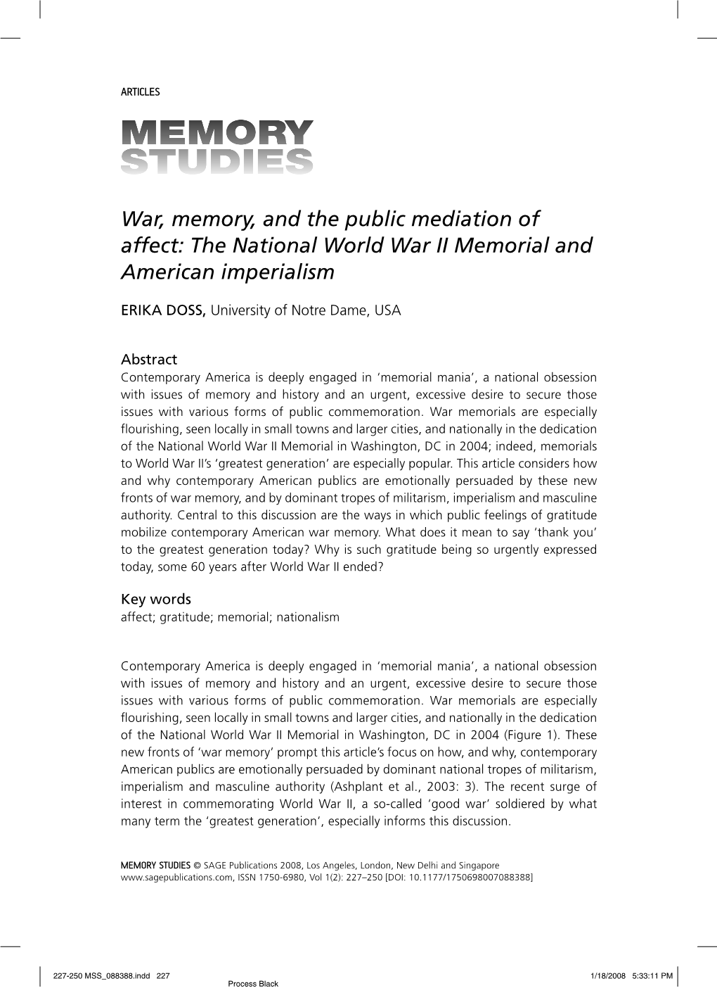 War, Memory, and the Public Mediation of Affect: the National World War II Memorial and American Imperialism