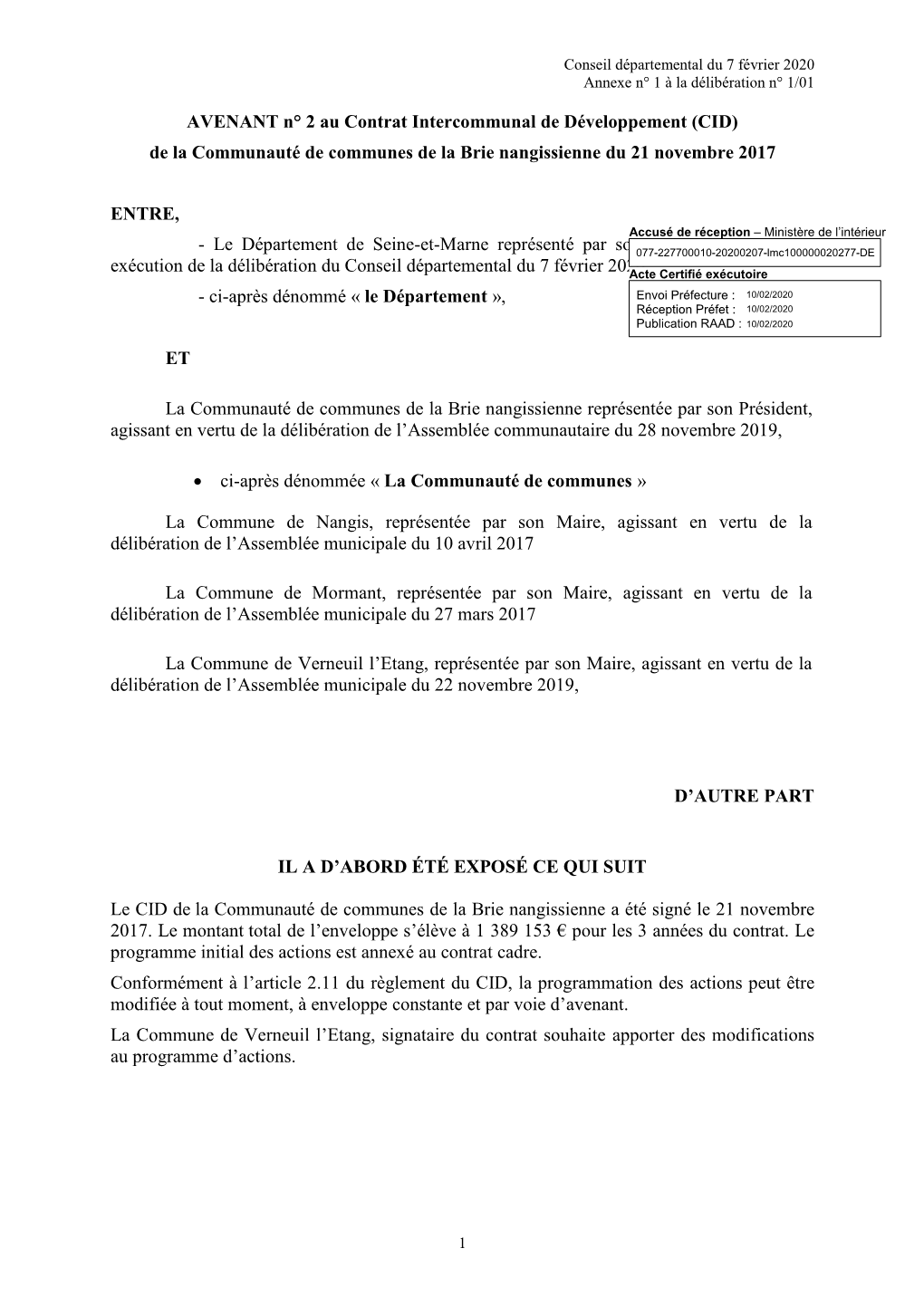 AVENANT N° 2 Au Contrat Intercommunal De Développement (CID) De La Communauté De Communes De La Brie Nangissienne Du 21 Novembre 2017
