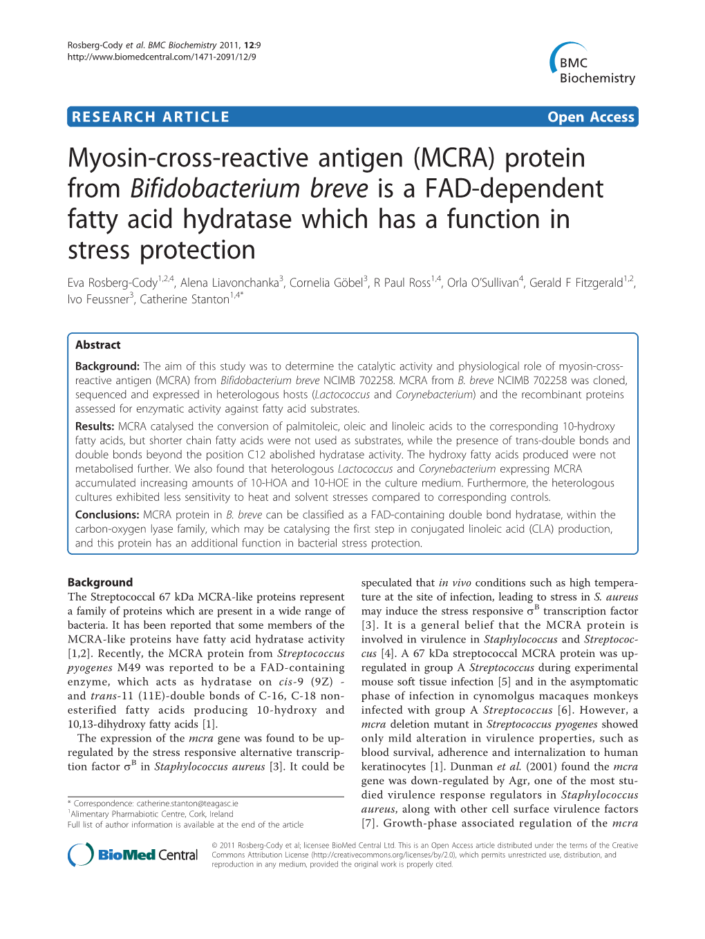 (MCRA) Protein from Bifidobacterium Breve Is a FAD-Dependent Fatty Acid