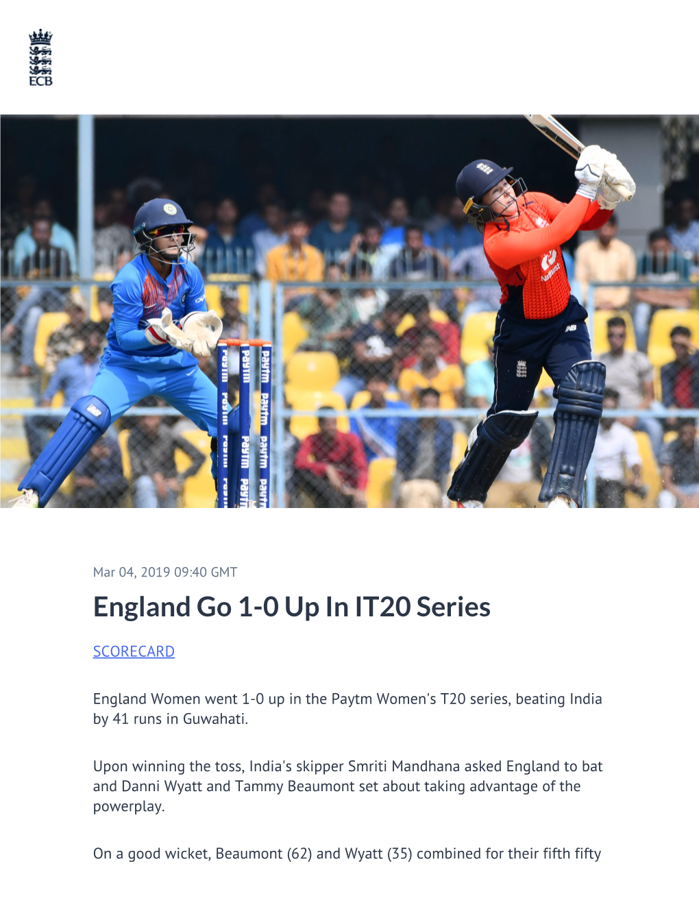 England Go 1-0 up in IT20 Series