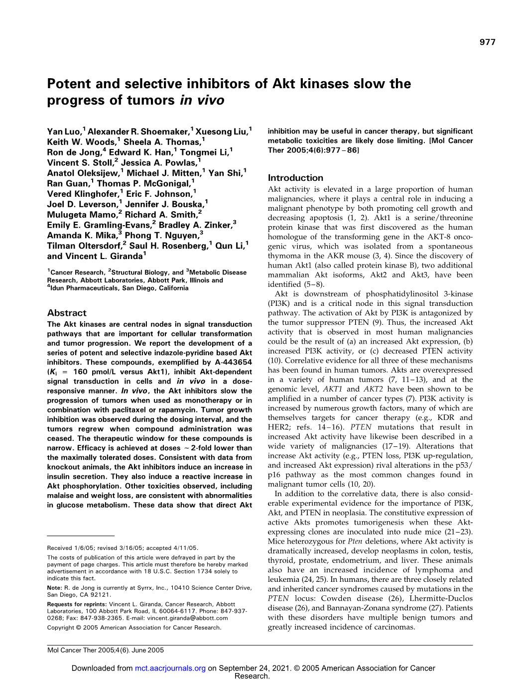 Potent and Selective Inhibitors of Akt Kinases Slow the Progress of Tumors in Vivo