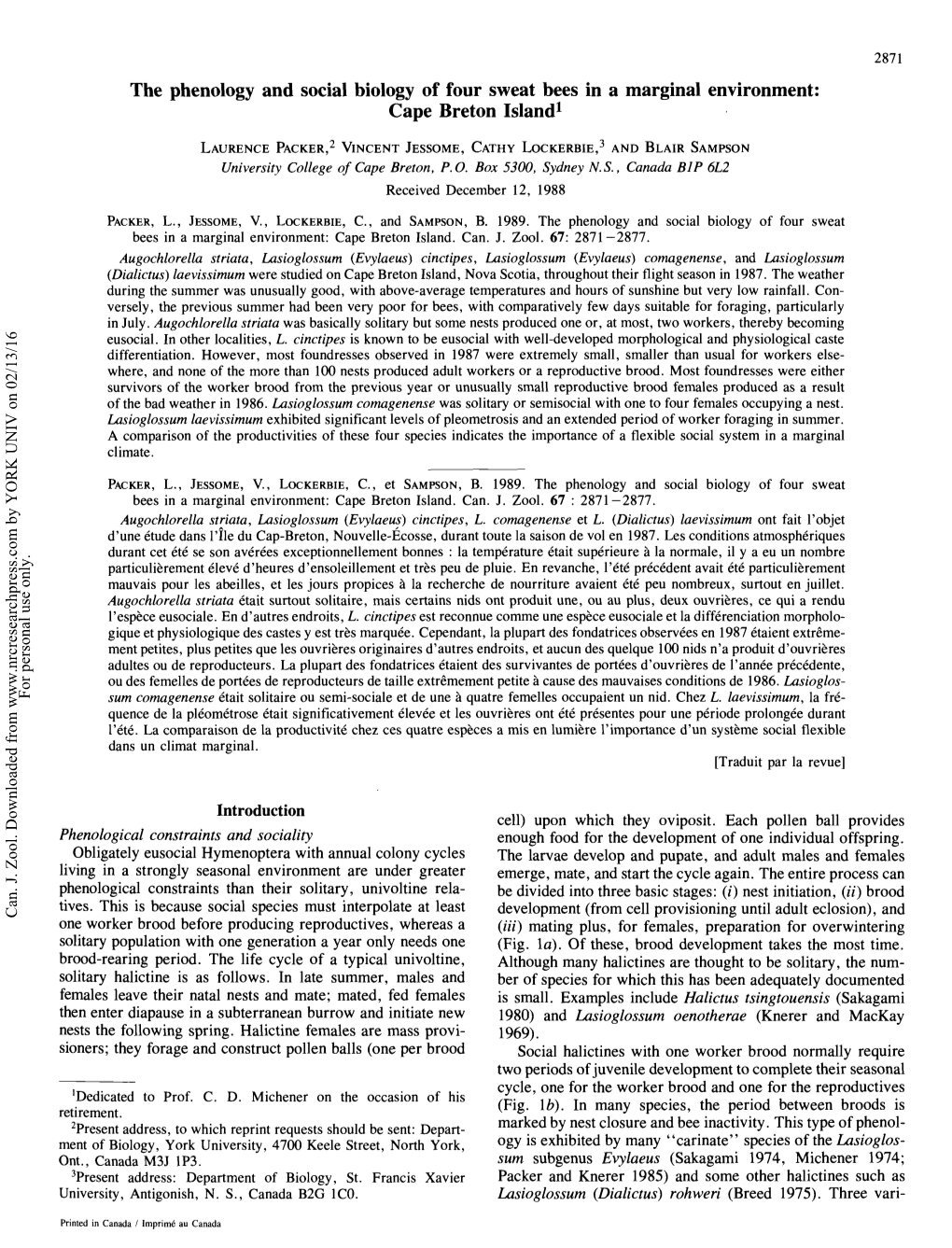 The Phenology and Social Biology of Four Sweat Bees in a Marginal Environment: Cape Breton Island1