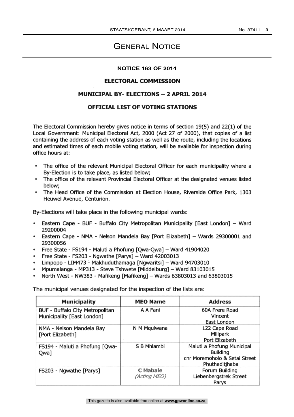 Municipal By-Elections 2 April 2014: Official List of Voting Stations