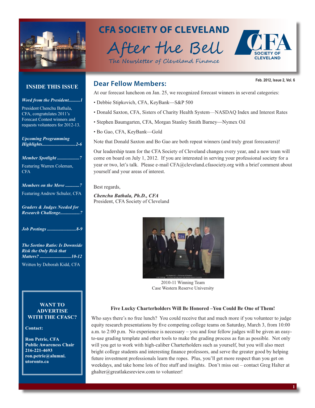 CFA SOCIETY of CLEVELAND After the Bell the Newsletter of Cleveland Finance