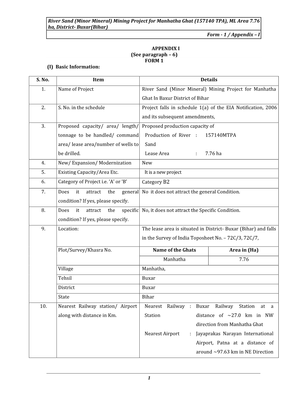 (157140 TPA), ML Area 7.76 Ha, District- Buxar(Bihar) Form - 1 / Appendix – I